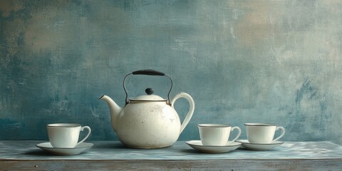 Still life composition with a vintage white kettle and three white cups on a rustic wooden table against a textured teal background