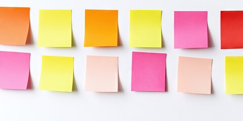 Colorful sticky notes arranged in two rows on a white background featuring orange yellow pink and red notes with a clean and organized look.