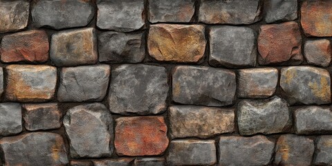 Obraz premium Rustic stone and brick wall texture with irregular gray and brown tones arranged in solid horizontal rows creating an aged appearance.
