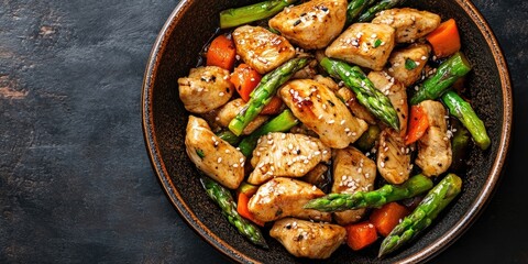Fototapeta premium Stir fried chicken breast with vibrant asparagus and orange carrots in a dark bowl on a textured background showcasing delicious Chinese cuisine