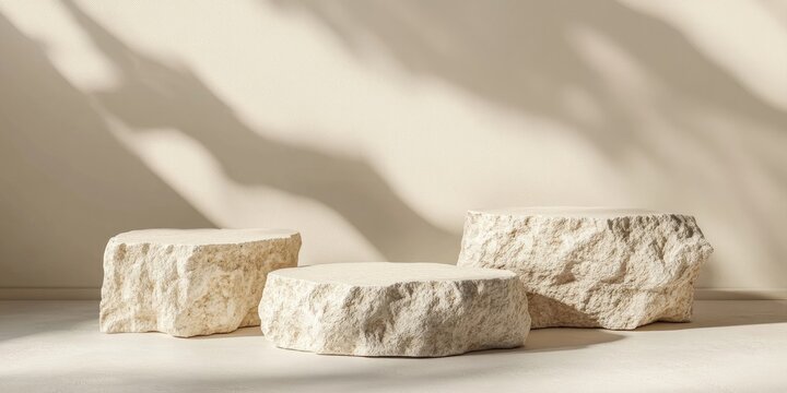 Natural beige background featuring three textured stone podiums in varying heights casting soft shadows ideal for showcasing beauty products.