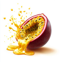 A passion fruit with a yellow juice splash, isolated on a white background