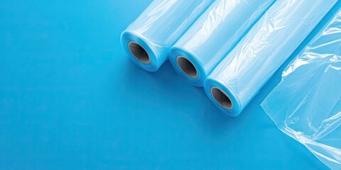 Three rolls of stretch wrap in light blue arranged on a vibrant blue background with a loose sheet of plastic on the right side.