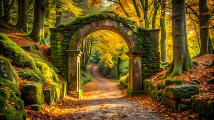 Fototapeta premium A moss-covered stone archway leads into a sun-drenched forest path, inviting you to explore the mysteries that lie beyond. 