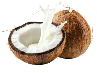 Isolated Coconut Halves with Milk Splash