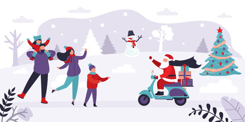 Santa Claus delivers gifts on motorbike. Santa claus carrying presents for christmas and new year. Happy family waiting and receiving gifts. Holiday celebration