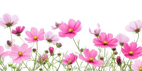 Fototapeta premium Vibrant fuchsia cosmos flowers in various shades of pink with green stems against a clean white backdrop captured in macro detail with broad depth of field