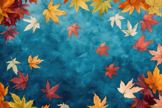 A high-angle view of colorful maple leaves floating on a calm river in an autumnal park.