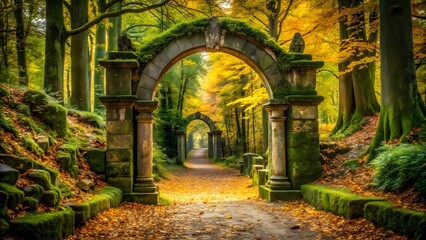 Fototapeta premium A moss-covered stone archway leads into a sun-drenched forest path, inviting you to explore the mysteries that lie beyond. 