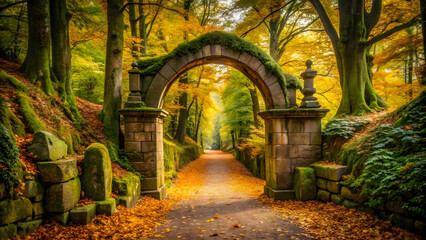 Obraz premium A moss-covered stone archway leads into a sun-drenched forest path, inviting you to explore the mysteries that lie beyond. 