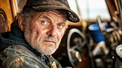 Portrait of weathered fisherman inside trawler cabin steering
