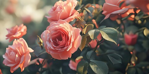 Close-up of a blooming rose bush with soft pink roses and green leaves in a sunlit outdoor garden setting, showcasing vibrant floral textures.