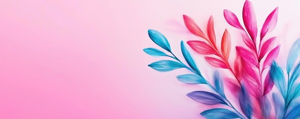 Dry watercolor concept. Colorful leaves create a vibrant design on a soft pink background, ideal for nature themes.