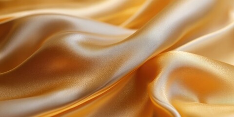 Fototapeta premium Golden silk fabric waves with a smooth satin-like texture in soft folds reflecting light in shades of gold and beige against a blurred background.