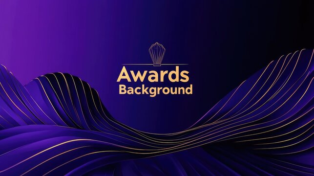 Elegant vector illustration of an “Awards Background” with purple and gold gradient, simple symmetrical lines, minimalistic design, and sophisticated typography