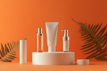 A blank podium against a minimal orange background, showcasing luxury beauty products with ample space for branding.