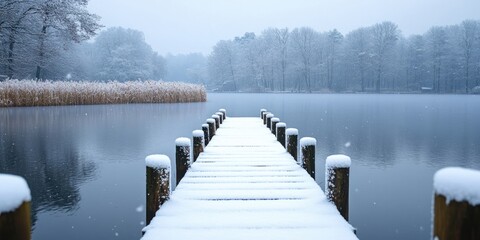 Snow-covered jetty extends into a tranquil lake under overcast skies surrounded by frost-laden trees with soft snowfall on the water's surface