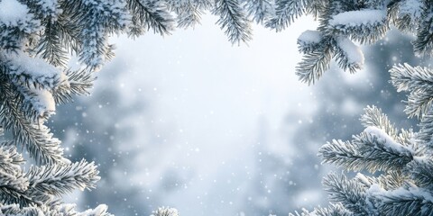 Snowy fir branches frame a serene winter forest with soft blue tones and ample copy space in the center for text overlay in a peaceful setting