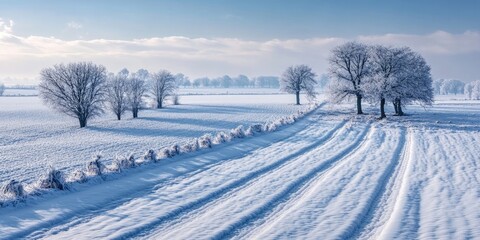 Obraz premium Snowy landscape with white fields, frosted trees, and soft blue sky, featuring tire tracks leading through the winter scenery.
