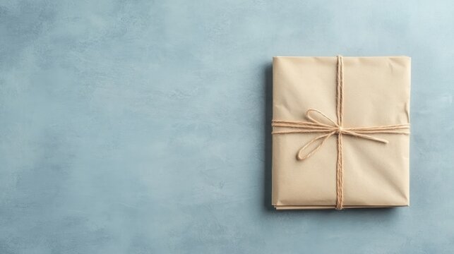 Eco Rustic Gift Wrap Sustainable Gift Box Minimal Kraft Present Rustic Kraft Paper Gift Package Tied with Twine on Blue Background Eco Friendly Present