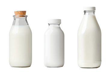 Set of Milk bottles with caps aligned in a row, isolated on white background. Concept of dairy products and freshness.