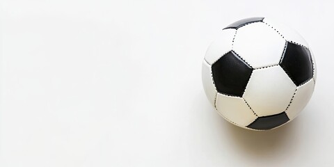 Close up of a classic black and white soccer ball positioned on the right against a clean white background with ample copy space on the left