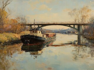 Oil painting of boat on a river under bridge.