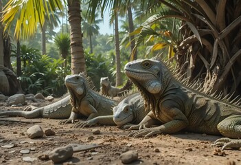 Iguanas lounging lazily under palm trees