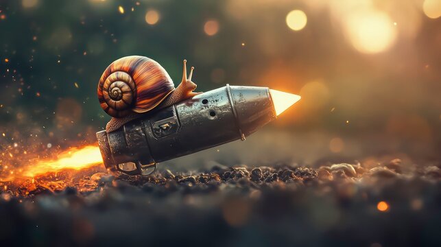 Snail on a rocket launching into sunset.