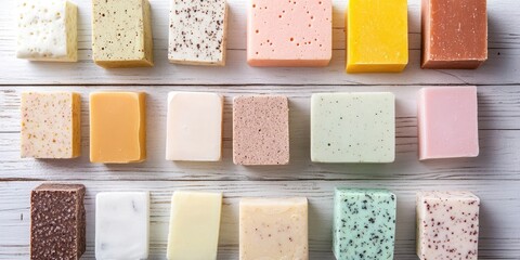 Fototapeta premium Colorful assorted soap blocks neatly arranged on a white wooden table with a rustic texture showcasing various pastel and earthy tones.