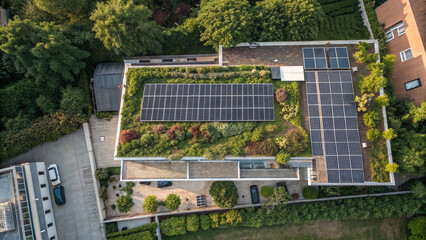 Aerial view of a modern building with a lush green rooftop garden and solar panels.
