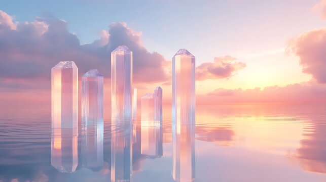 A tranquil scene with transparent crystal columns emerging from a reflective water surface under a softly glowing sky