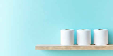 Soft white toilet paper rolls neatly arranged on a wooden shelf against a light blue wall with ample space for text or logos in a pastel setup