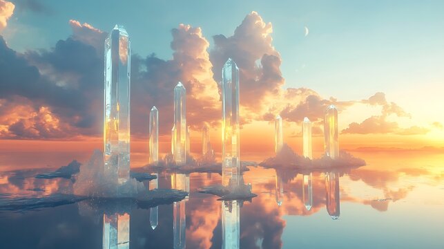 A tranquil scene with transparent crystal columns emerging from a reflective water surface under a softly glowing sky