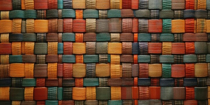 Vibrant woven carpet pattern featuring colorful rectangular blocks in shades of orange, green, blue, and brown arranged in a textured grid design.