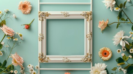 A blank white picture frame with gold decorations in the center surrounded by roses and daisies