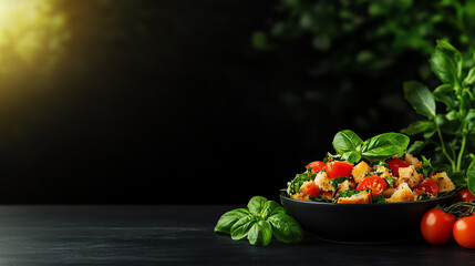Italian Panzanella bread salad, garnished with fresh basil and tomatoes, served in a sunny countryside dining room, [Mediterranean healthy meals, rustic vibrancy]