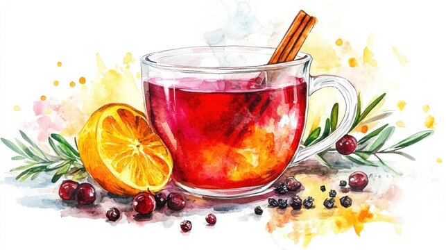 Warm spiced cranberry tea in glass mug with lemon and rosemary.
