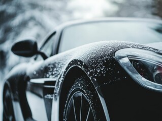 Snow-covered black car parked on a cold day.