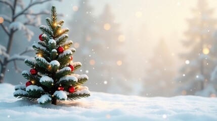 Obraz premium A Festive Winter Scene Small Evergreen Tree Adorned with Red Ornaments and Warm Lights, Nestled in a Snowy Landscape Under a Soft, Sunlit Sky