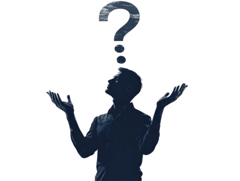 Isolated Man Silhouette with Question Mark and Ocean Texture