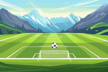 Spacious soccer field surrounded by lush greenery and mountains under a bright blue sky.