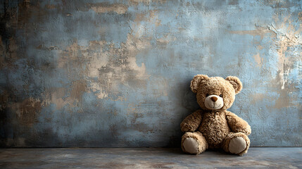 a plush teddy bear sits alone on a textured gray background. The soft lighting creates a melancholy atmosphere, suggesting a feeling of loneliness or lost innocence 