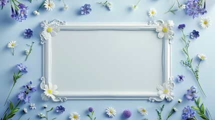 A blank white picture frame with iron floral patterns in the middle surrounded by lilies and daisies