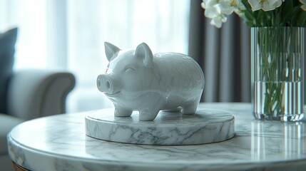 White piggy bank sits on marble table, living room background, home finance