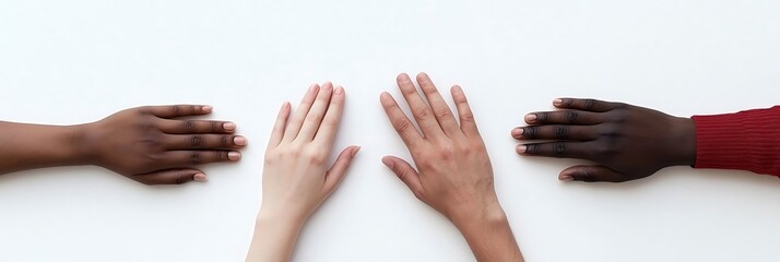 Four hands of different skin tones reaching out on a white surface, symbolizing diversity and unity.
