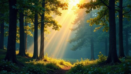 Sunbeams Illuminate a Mystical Forest Path, Golden Light Filtering Through Lush Green Canopies, Creating an Enchanting Atmosphere