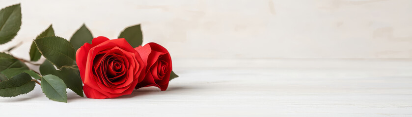 A serene arrangement of two red roses on a light background, symbolizing love and beauty, perfect for romantic occasions.