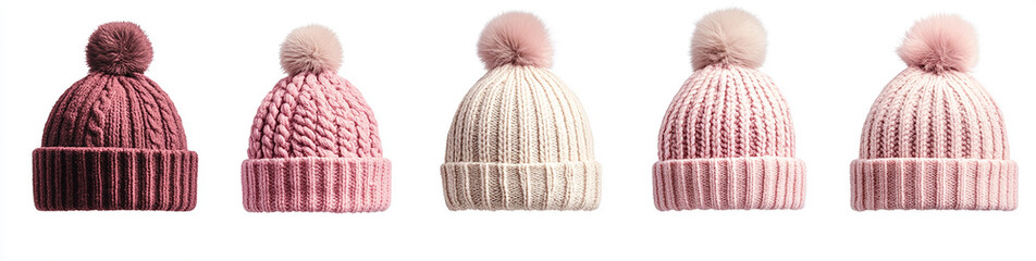 different pink and beige knitted hats isolated on a white background