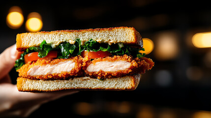 Japanese Katsu Sando breaded pork cutlet sandwich, served in a minimalist cafe with elegant plating, [Asian snacks, refined artistry]